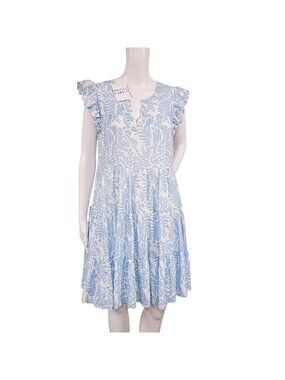 Roller Rabbit Mini Dress Women's Blue White Floral Print Linen Ruffle Sleeve